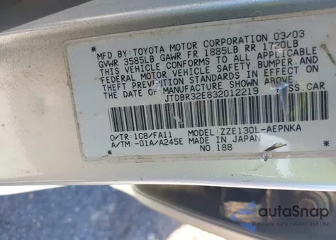 2003 Toyota Corolla Le from USA, damaged, VIN JTDBR32E832012219